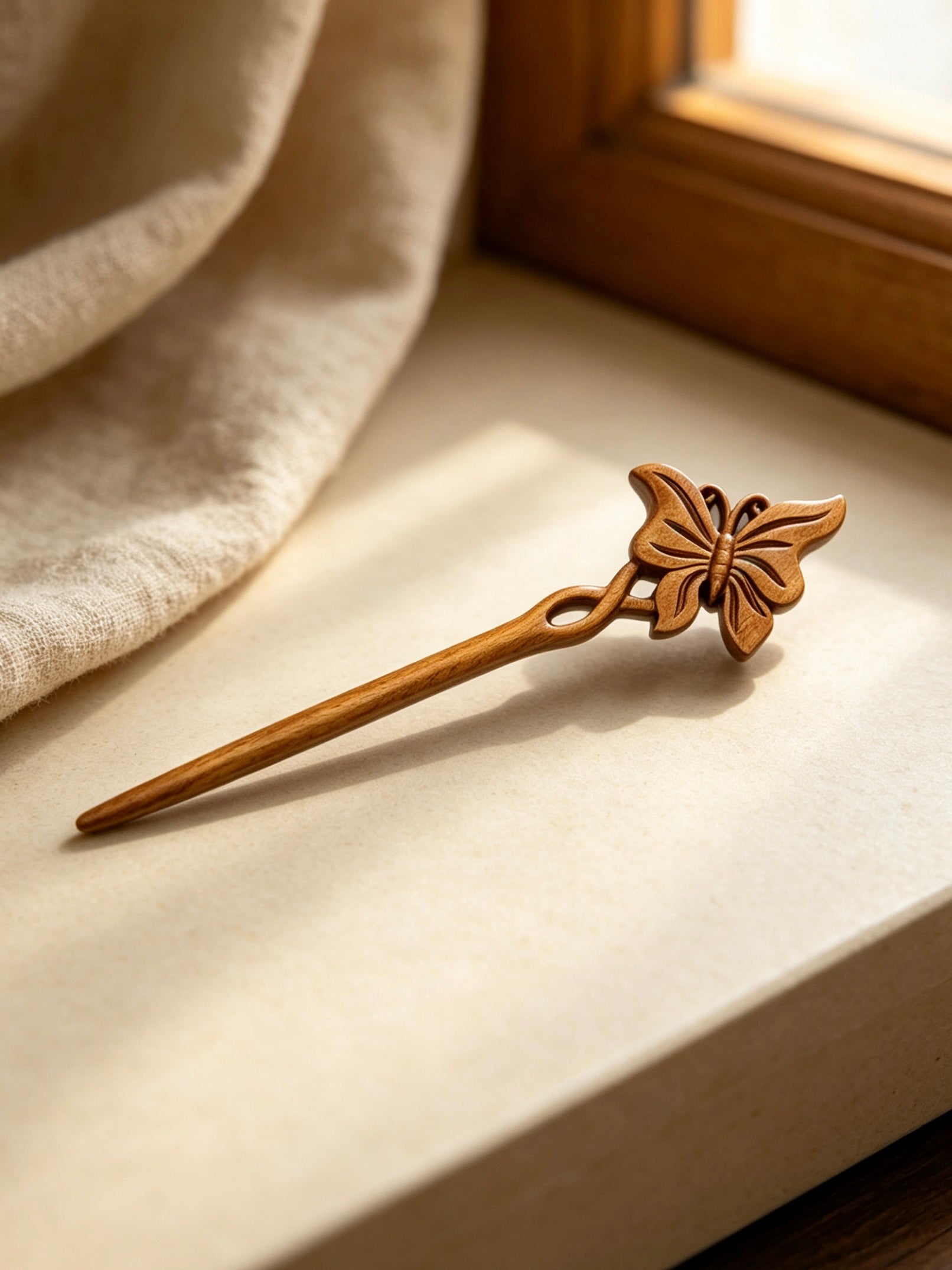 Butterfly carved hair stick displayed on a light surface