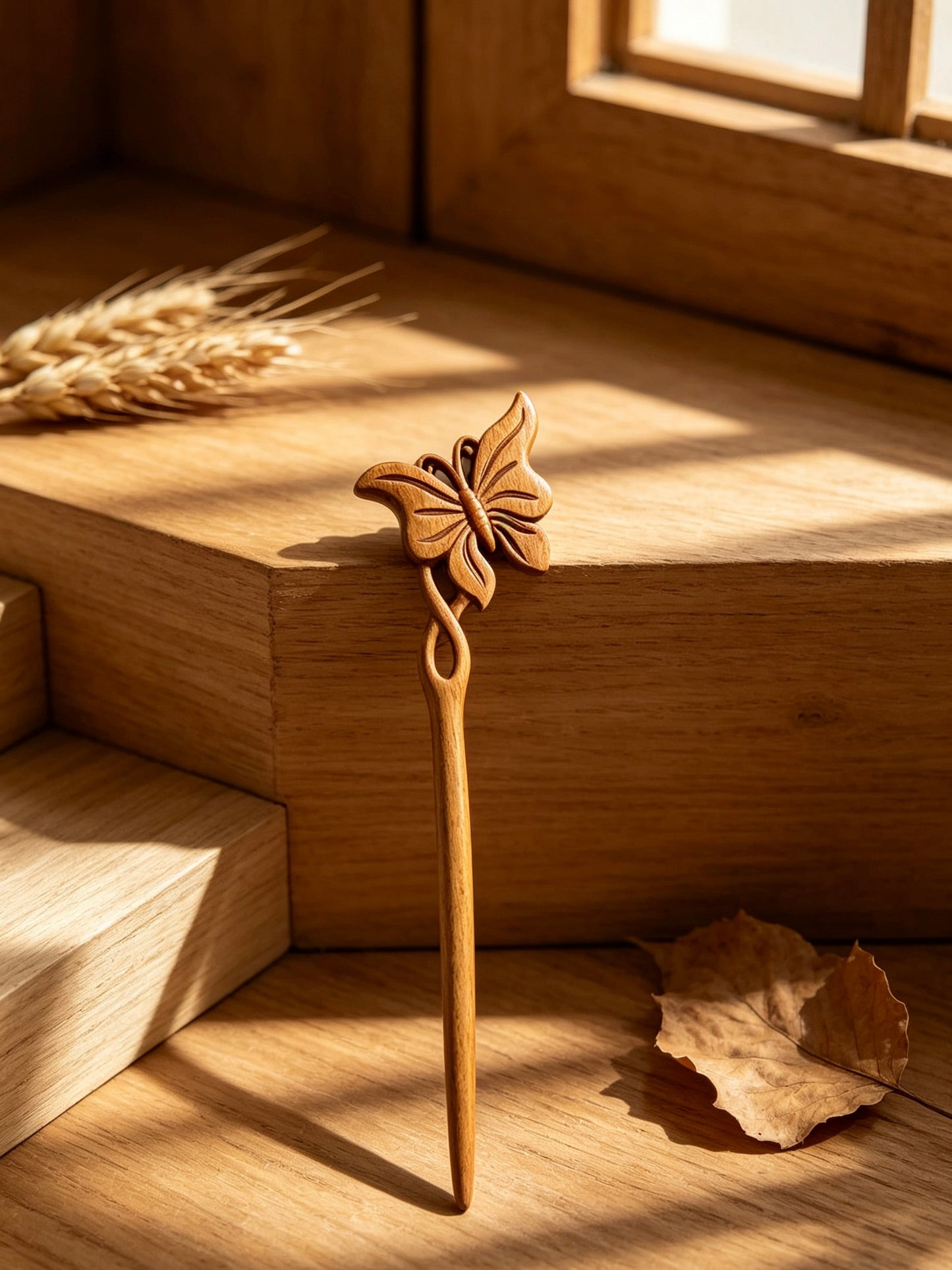 Butterfly carved hair stick displayed upright on a wooden surface