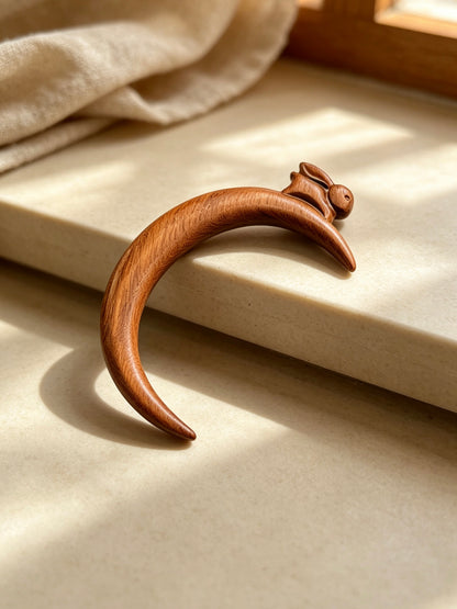 Crescent Moon Rabbit Sandalwood Hair Pin