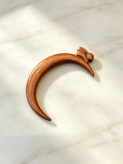 Crescent Moon Rabbit Sandalwood Hair Pin