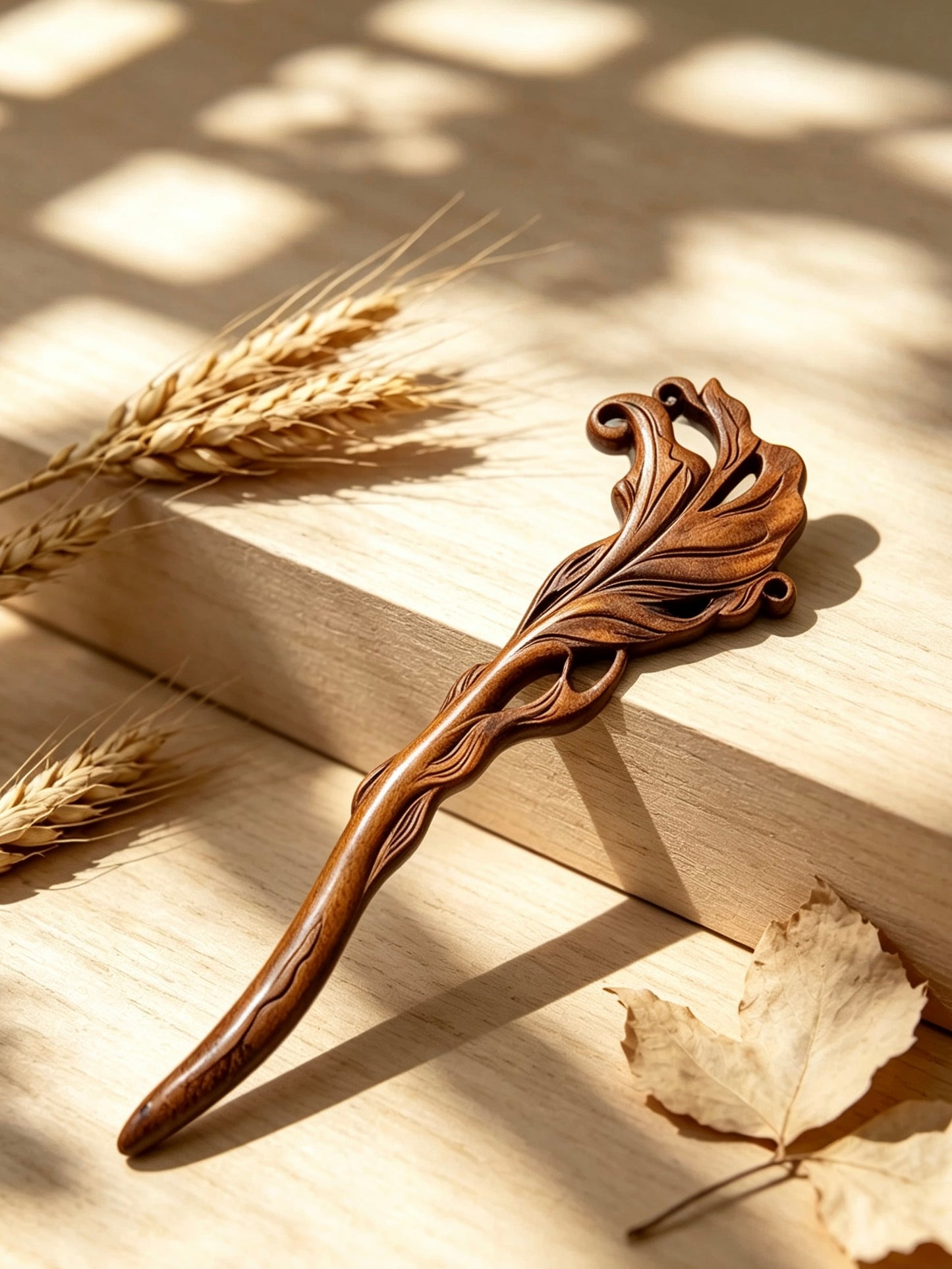 Fish carved sandalwood hair stick displayed beside wheat on a wooden surface