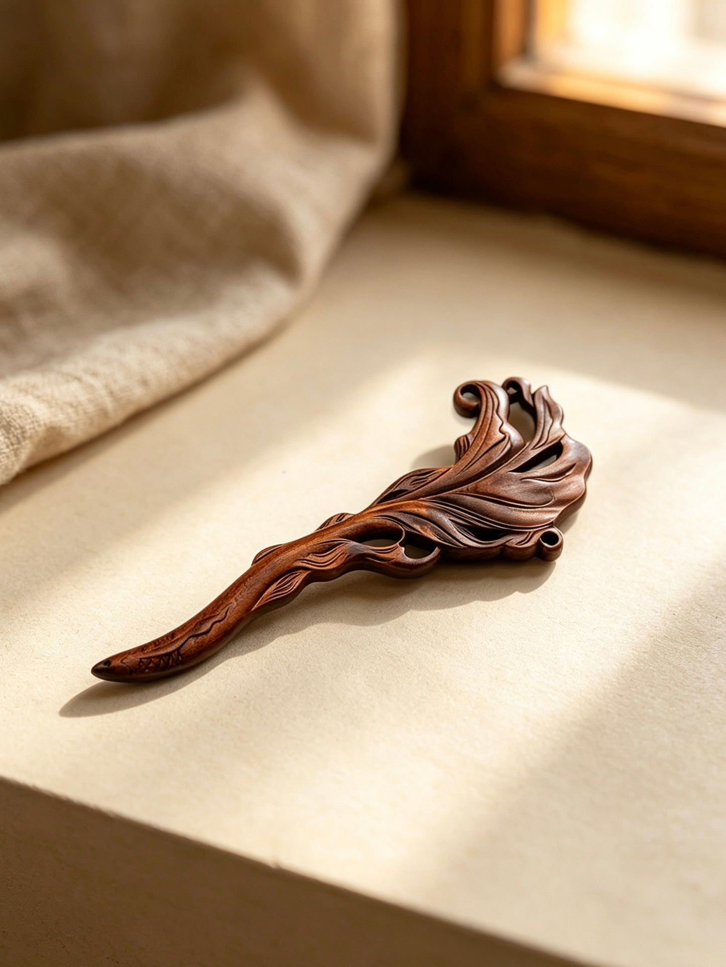 Fish carved sandalwood hair stick displayed on a light fabric surface