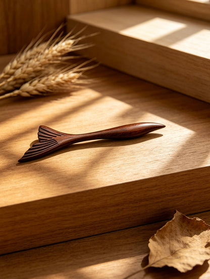Fish tail sandalwood hair stick displayed on a wooden surface