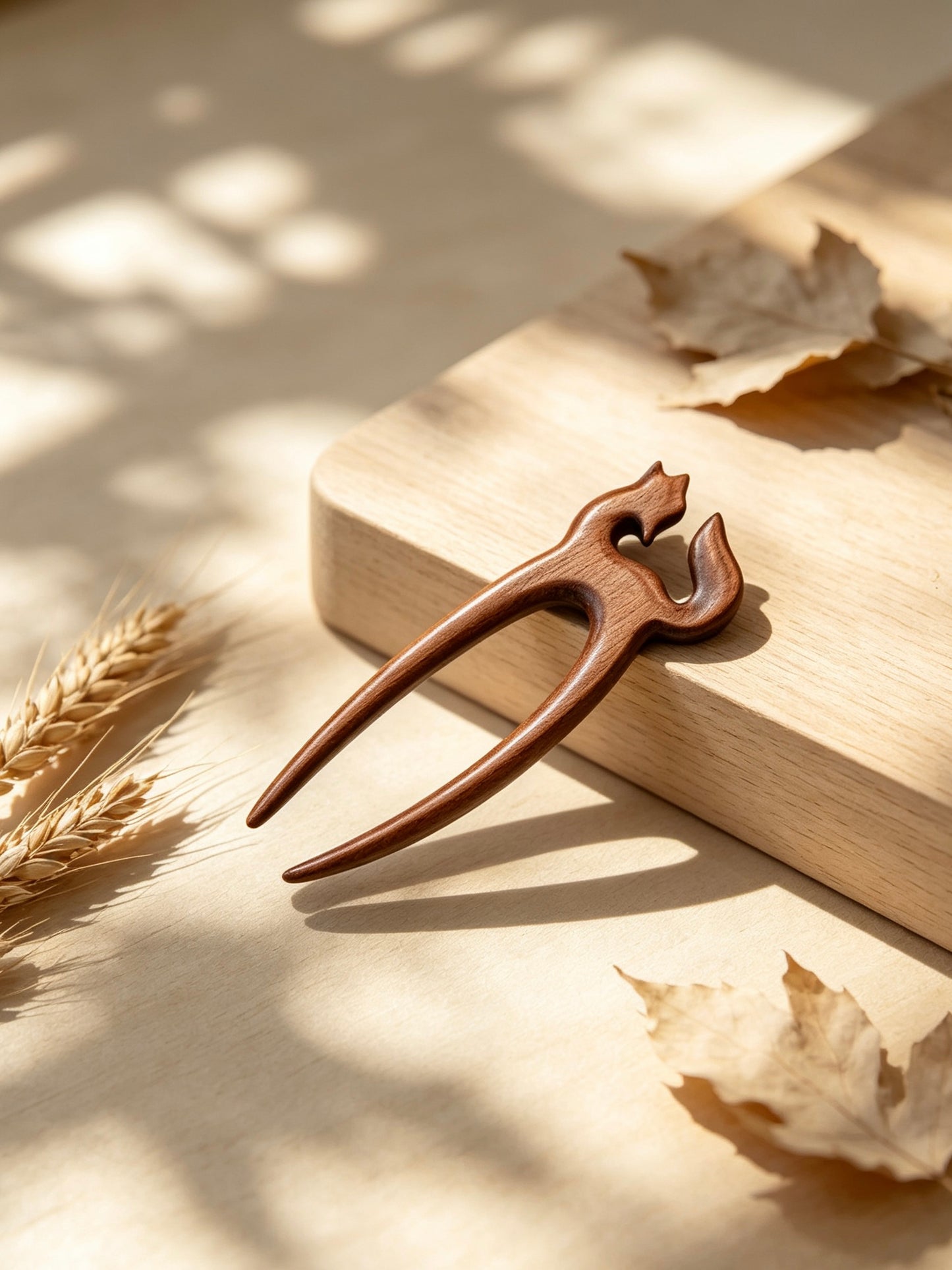 Fox double-prong hair fork displayed on a wooden surface