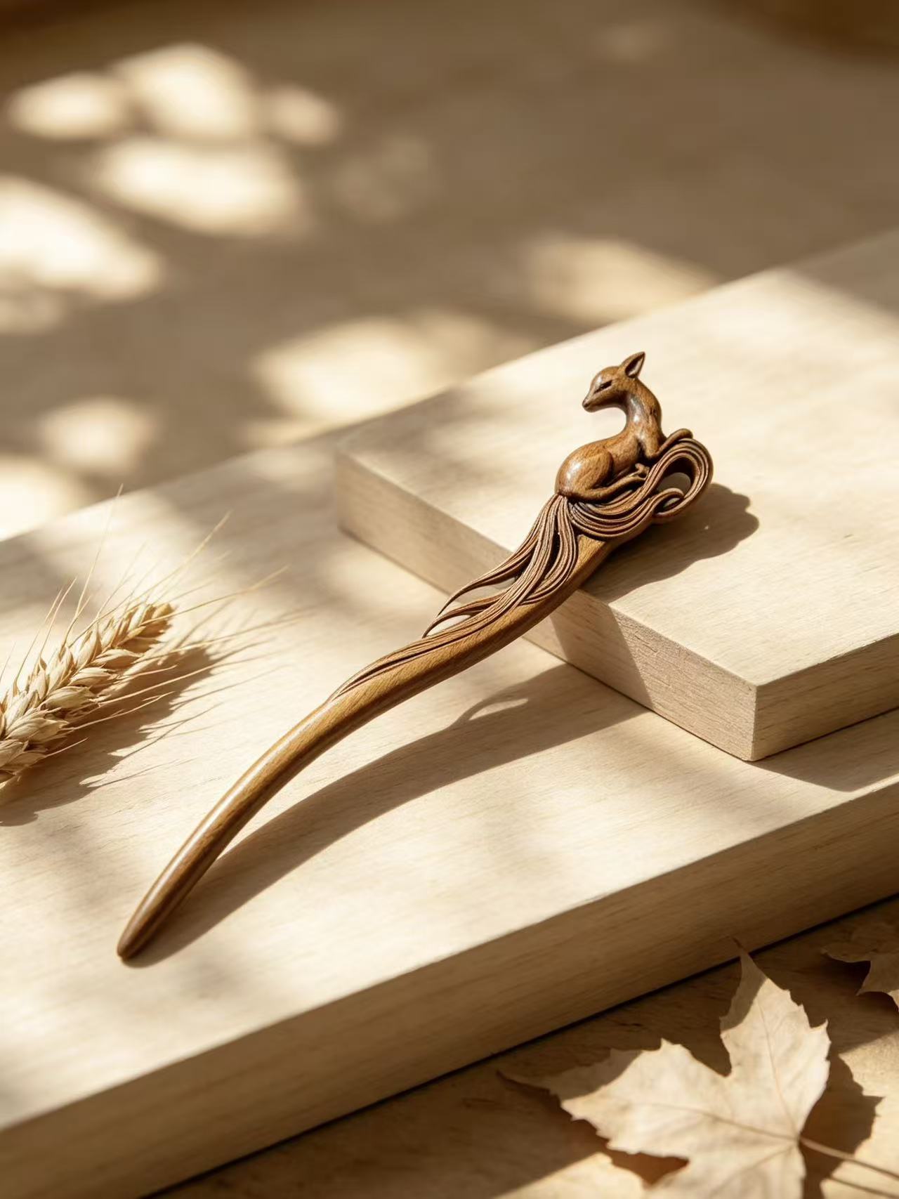 Sandalwood hair stick with a carved deer motif displayed on a wooden surface