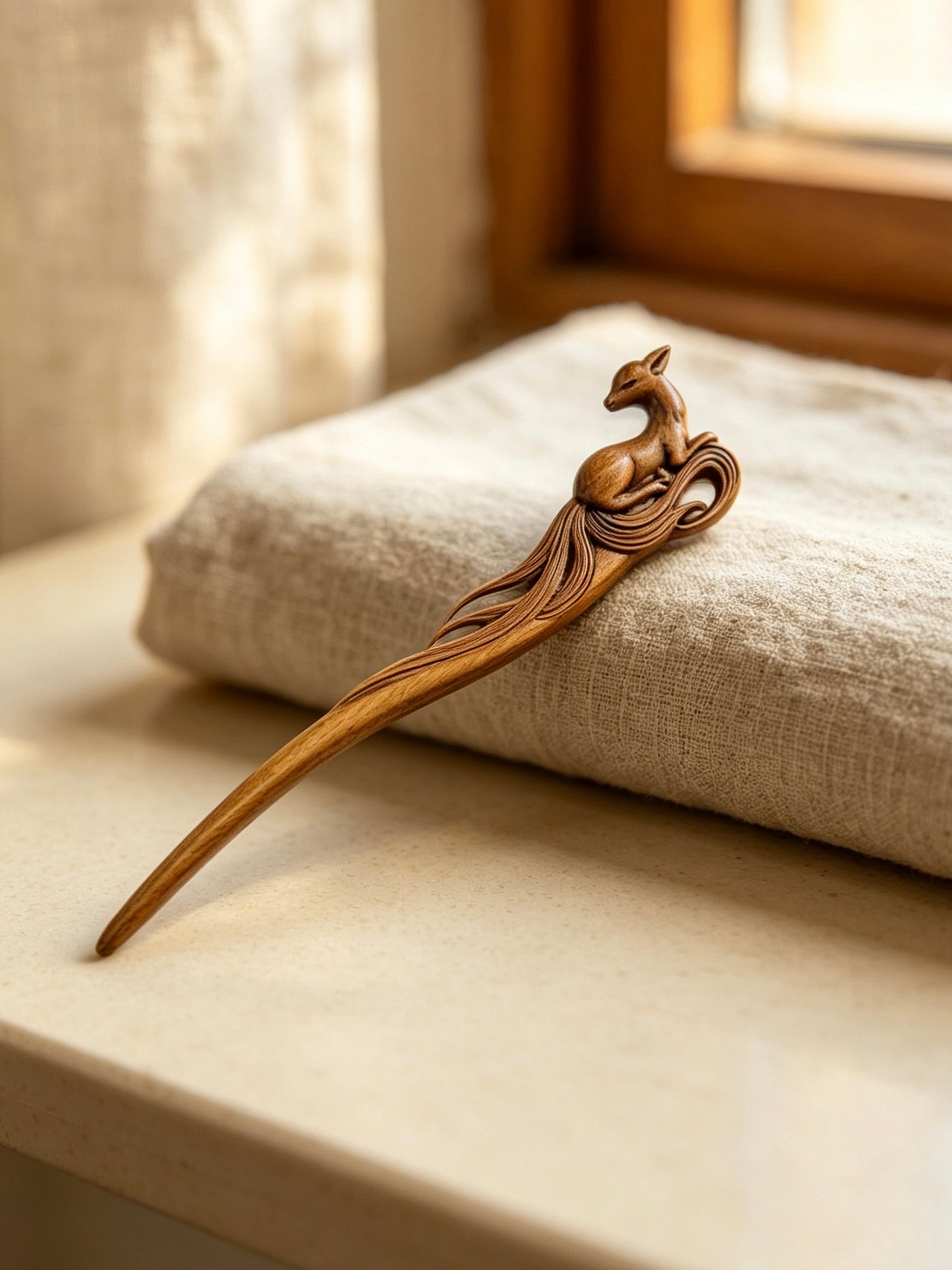 Sandalwood hair stick with a carved deer motif displayed on a fabric surface