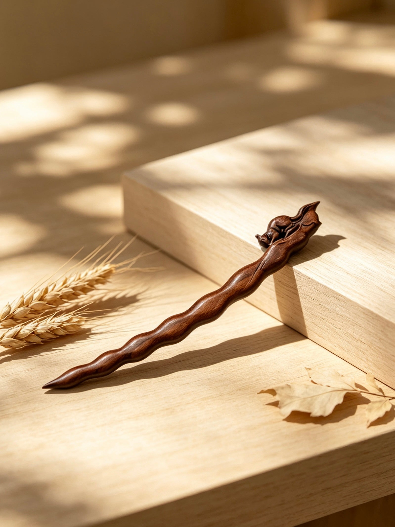 Squirrel peapod sandalwood hair stick displayed on a wooden surface